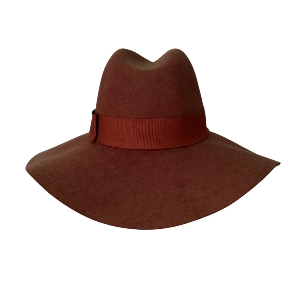 Brixton Wide Brim Wool Felt Fedora Hat Rust Burnt Orange Boho Size Small 56cm